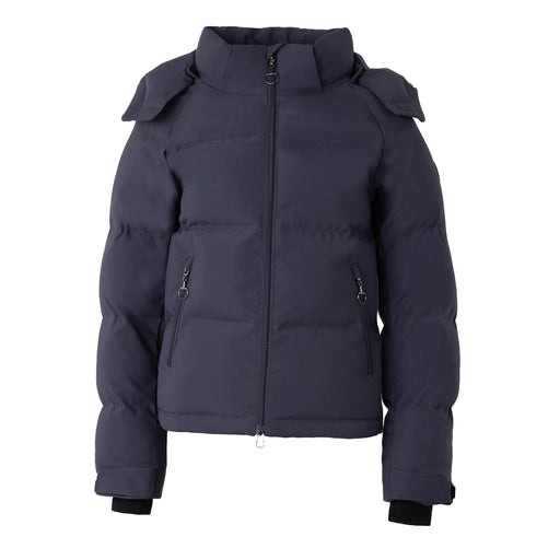 A dark navy blue puffer jacket with shoulder epaulets, a full front zipper, and zippered hand pockets, shown on a plain white background.