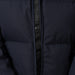 Close-up of a dark navy puffer jacket with a black zipper featuring the brand logo Horze printed vertically.