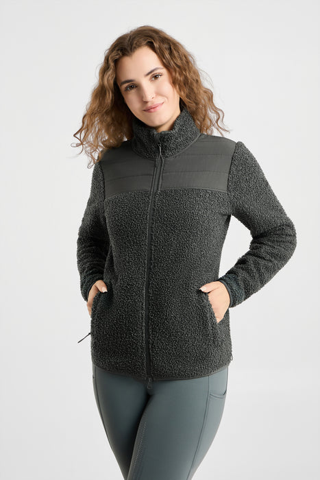 A dark gray fleece zip-up jacket with a textured heathered body and a smoother zippered yoke panel, shown on a plain white background.