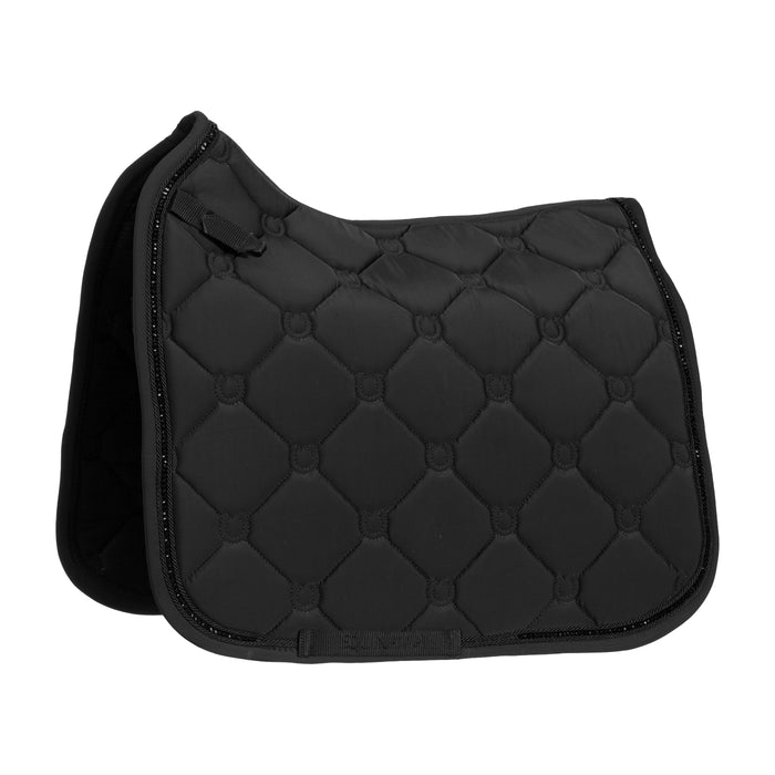 A black quilted equestrian saddle pad with a diamond pattern and a small embossed brand logo on the lower front edge, shown on a plain white background