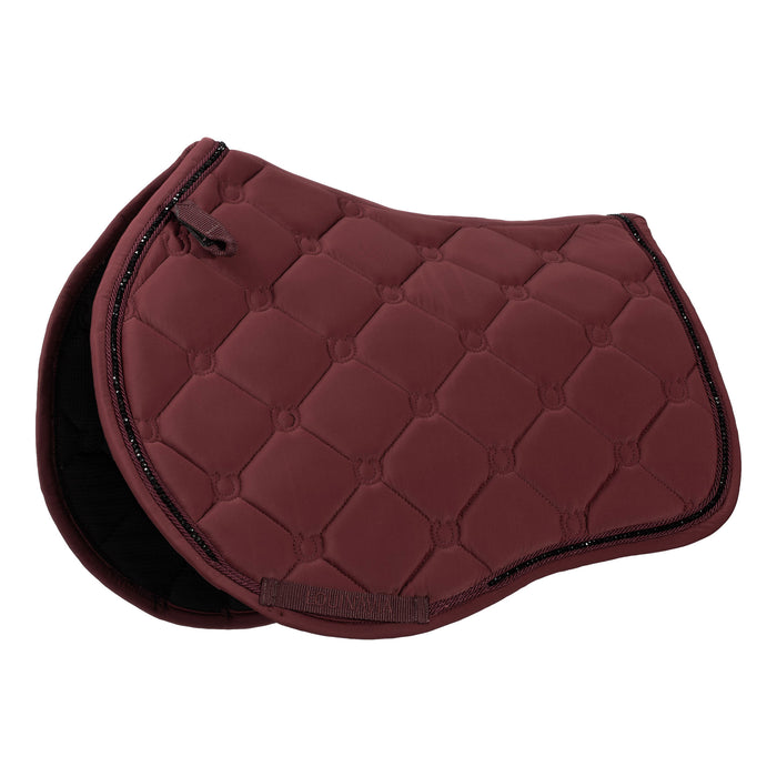 A quilted equestrian saddle pad in burgundy with black trim and a diamond tufted pattern, shown on a plain white background.