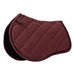 A quilted equestrian saddle pad in burgundy with black trim and a diamond tufted pattern, shown on a plain white background.