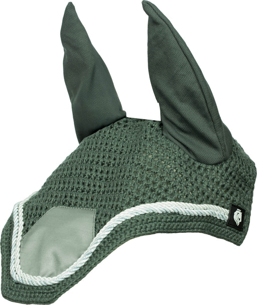 A close-up of a green knit fly veil with attached ear covers, shown against a white background.