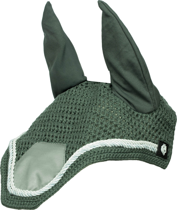 A close-up of a green knit fly veil with attached ear covers, shown against a white background.