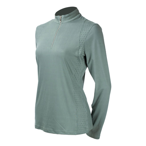 A women's long-sleeve athletic quarter-zip top in a muted sage green color, featuring perforated side panels and a high mock neck collar, displayed on a mannequin torso against a plain white background.