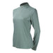 A women's long-sleeve athletic quarter-zip top in a muted sage green color, featuring perforated side panels and a high mock neck collar, displayed on a mannequin torso against a plain white background.