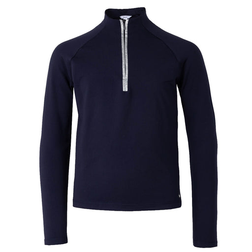 A navy blue long-sleeve quarter-zip pullover with a silver zipper and a small white logo on the lower right hem, displayed on a clean white background.