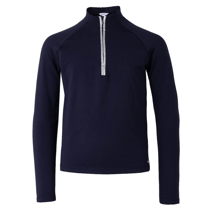 A navy blue long-sleeve quarter-zip pullover with a silver zipper and a small white logo on the lower right hem, displayed on a clean white background.