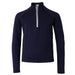 A navy blue long-sleeve quarter-zip pullover with a silver zipper and a small white logo on the lower right hem, displayed on a clean white background.