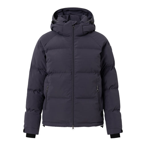 A dark navy hooded puffer jacket with horizontal quilting, zippered pockets and a detachable hood, shown on a solid white background.