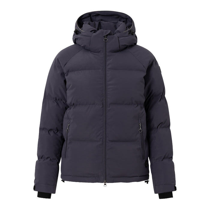 A dark navy hooded puffer jacket with horizontal quilting, zippered pockets and a detachable hood, shown on a solid white background.