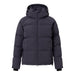 A dark navy hooded puffer jacket with horizontal quilting, zippered pockets and a detachable hood, shown on a solid white background.