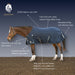 A horse wearing a navy blue Equinavia turnout rug with multiple callout labels and text explaining features like the 1200D ballistic outer shell, static-resistant 210g taffeta lining, and reflective tail flap, set against a dark blue gradient background with brown ground.