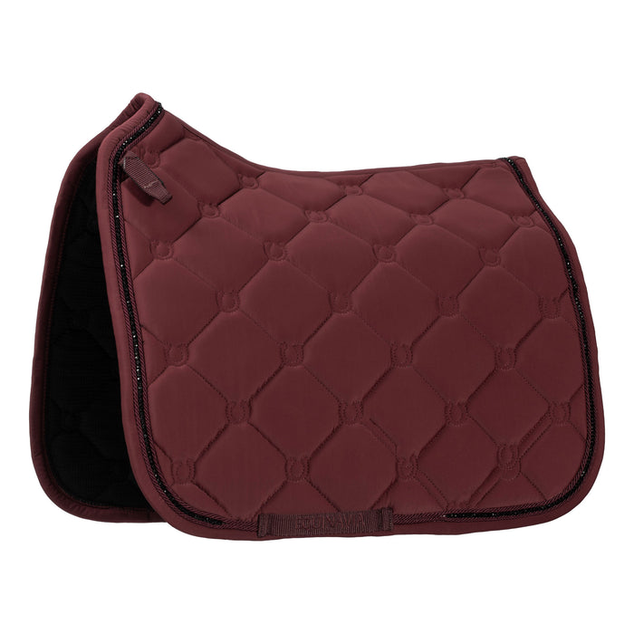 A quilted equestrian saddle pad in burgundy with a diamond pattern and black trim, shown on a plain white background.