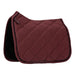 A quilted equestrian saddle pad in burgundy with a diamond pattern and black trim, shown on a plain white background.