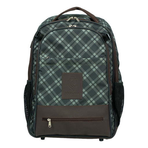 A green plaid equestrian backpack with dark brown leather trim and handle. Front pocket with a gold zipper and a dark brown Equinavia patch on the front of the backpack. Displayed on a white background.