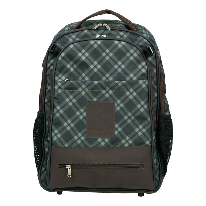 A green plaid equestrian backpack with dark brown leather trim and handle. Front pocket with a gold zipper and a dark brown Equinavia patch on the front of the backpack. Displayed on a white background.