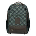 A green plaid equestrian backpack with dark brown leather trim and handle. Front pocket with a gold zipper and a dark brown Equinavia patch on the front of the backpack. Displayed on a white background.
