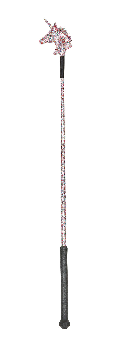 A unicorn-themed riding crop with a sparkly unicorn head at the top, a long sparkly shaft, and a dark textured handle, shown against a white background.